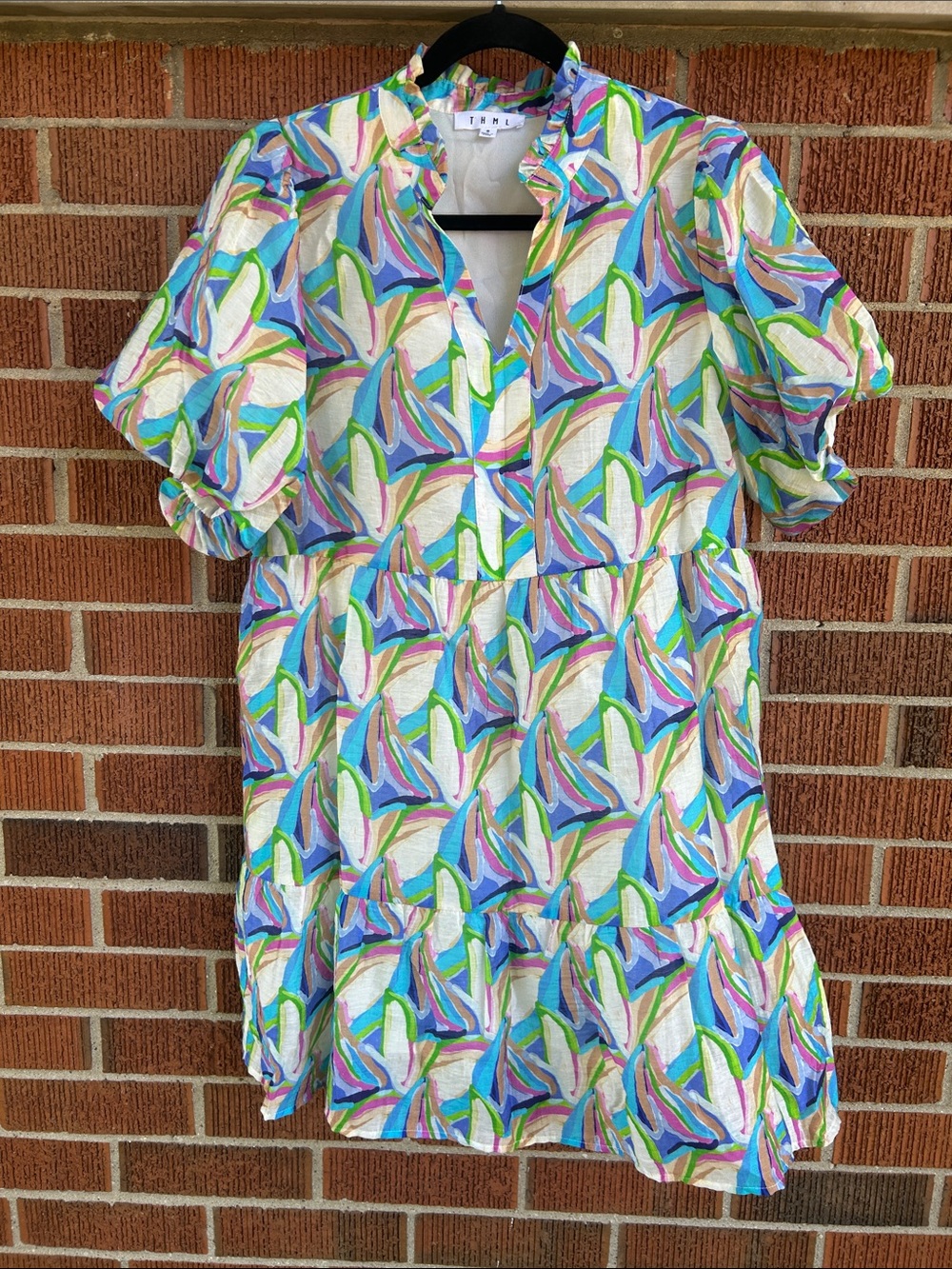 THML Bright Multicolor Leaf-Print Dress with Ruffle Neck